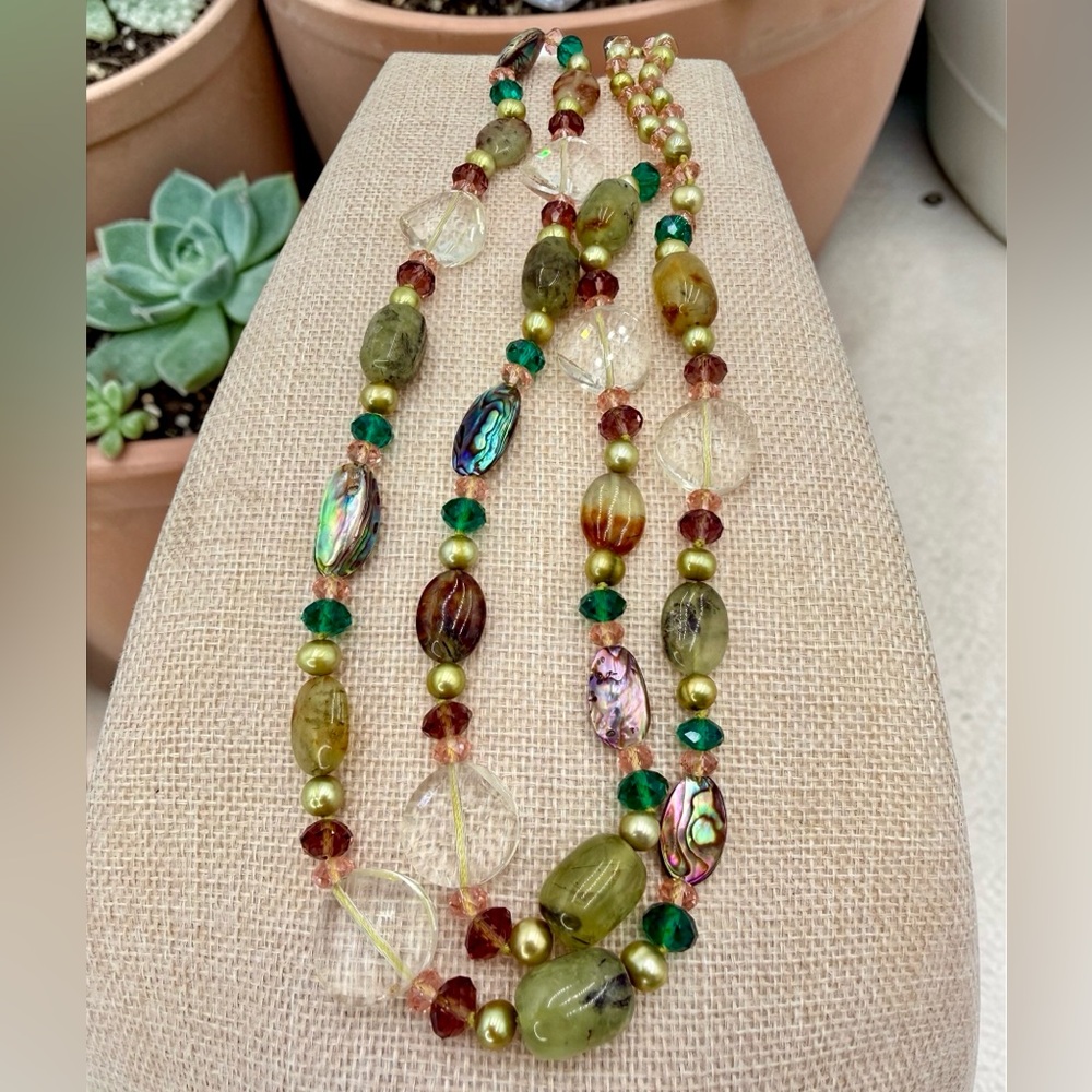 One Of A Kind Artisan Abalone Moss Agate Quartz Pearl 40” Necklace 925 Gemstone - Picture 12 of 17